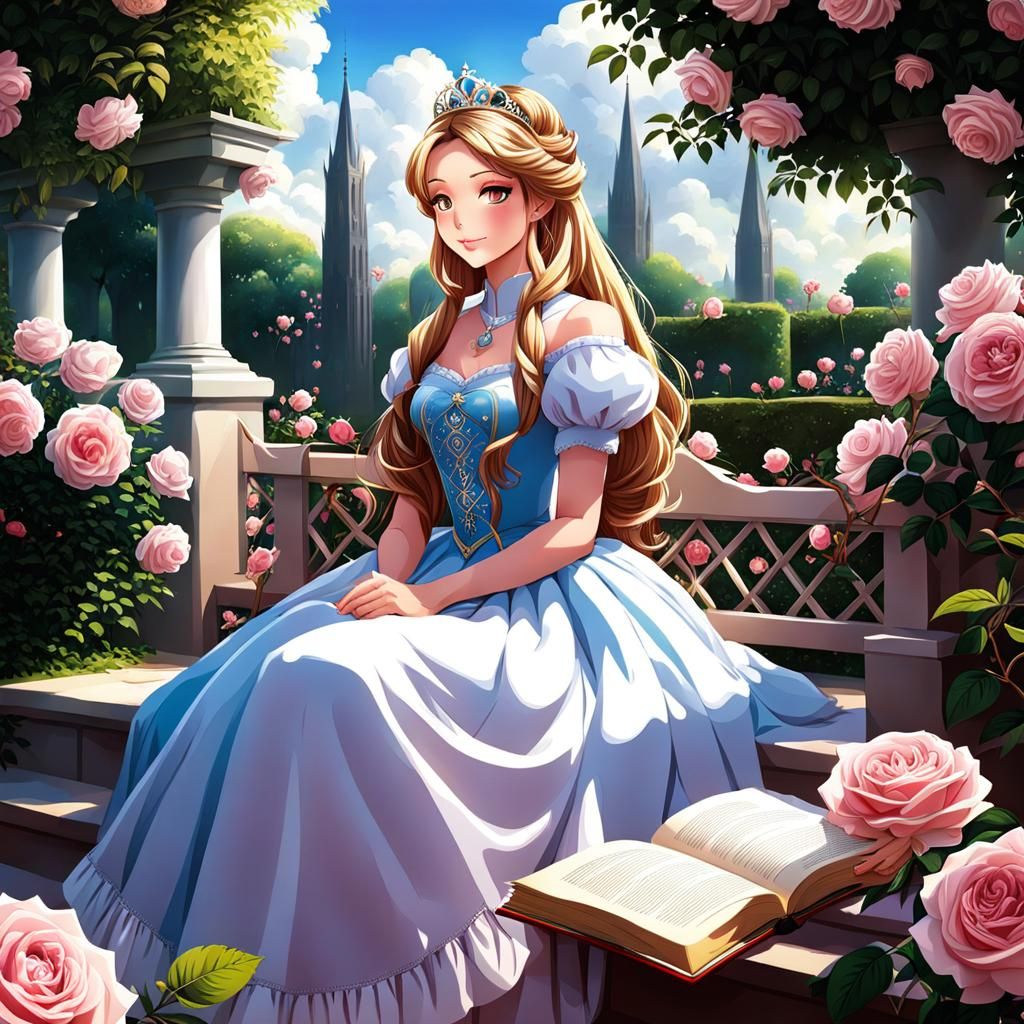 Anime Princess Reading in Rose Garden