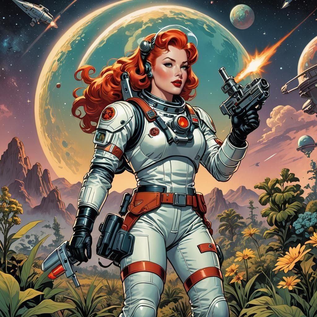 Retro Pin-Up Girl on Alien Planet in Comic Style