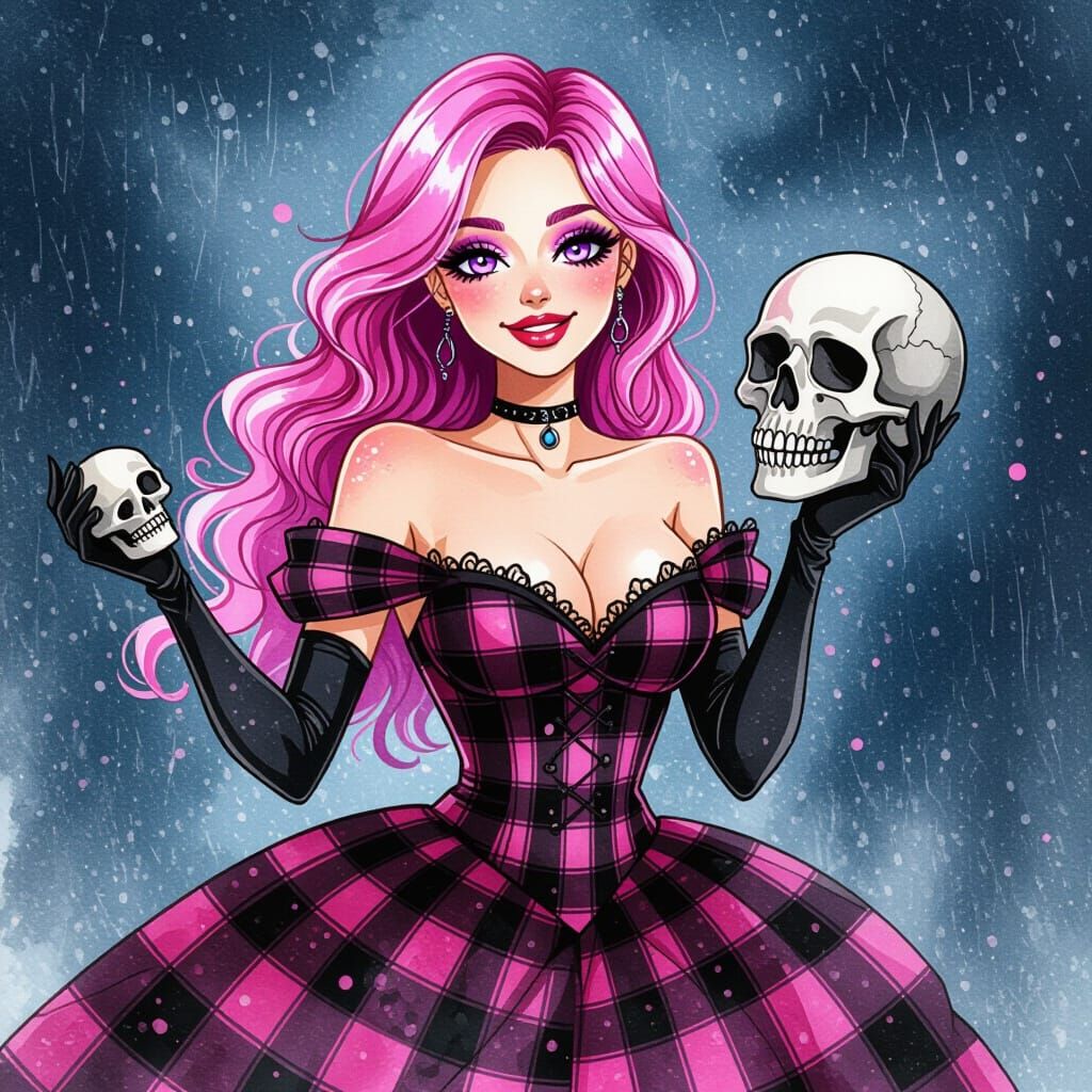 Woman with Skull in Watercolor Alcohol Ink Splatter Style