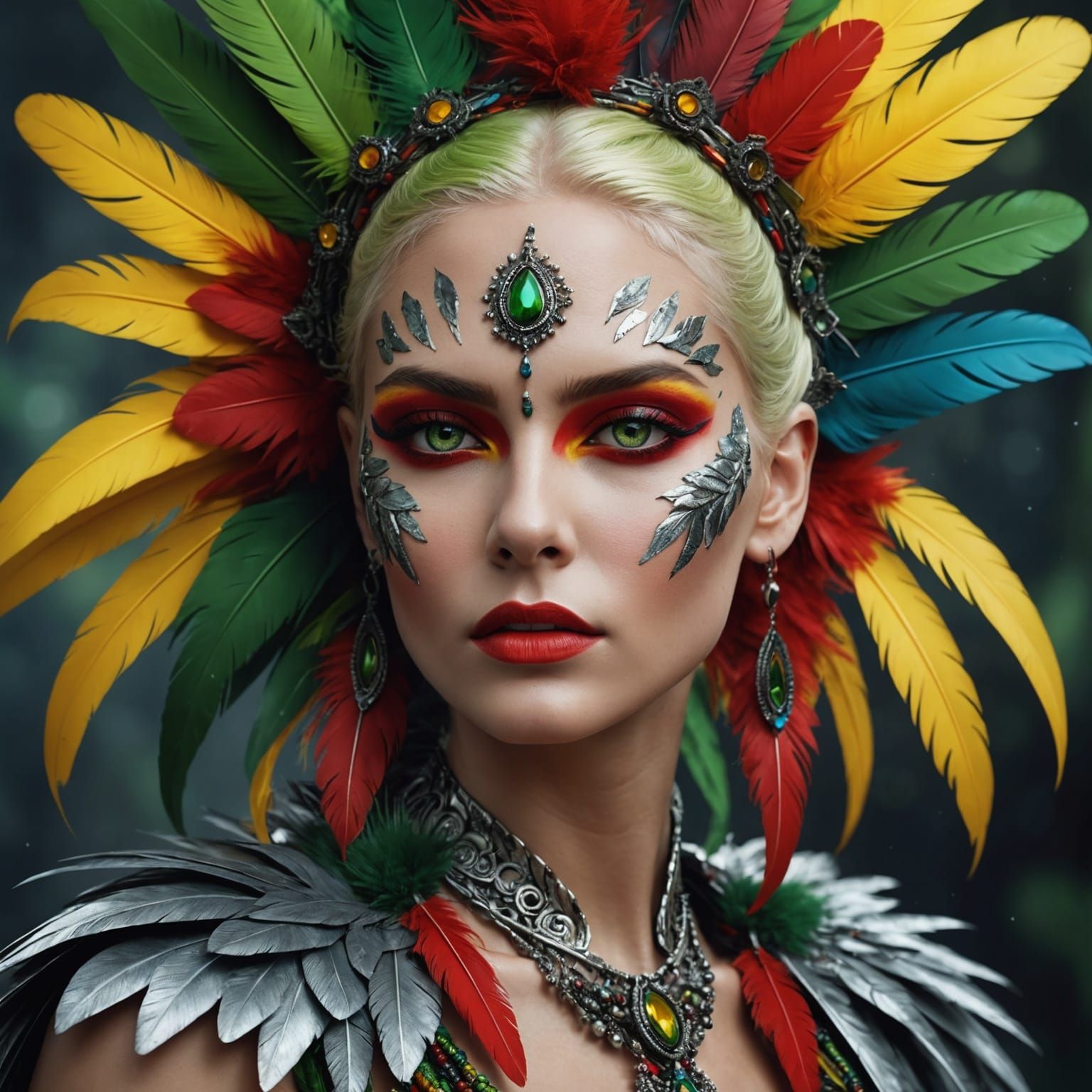 Fantastical Woman with Silver Skin and Feathers