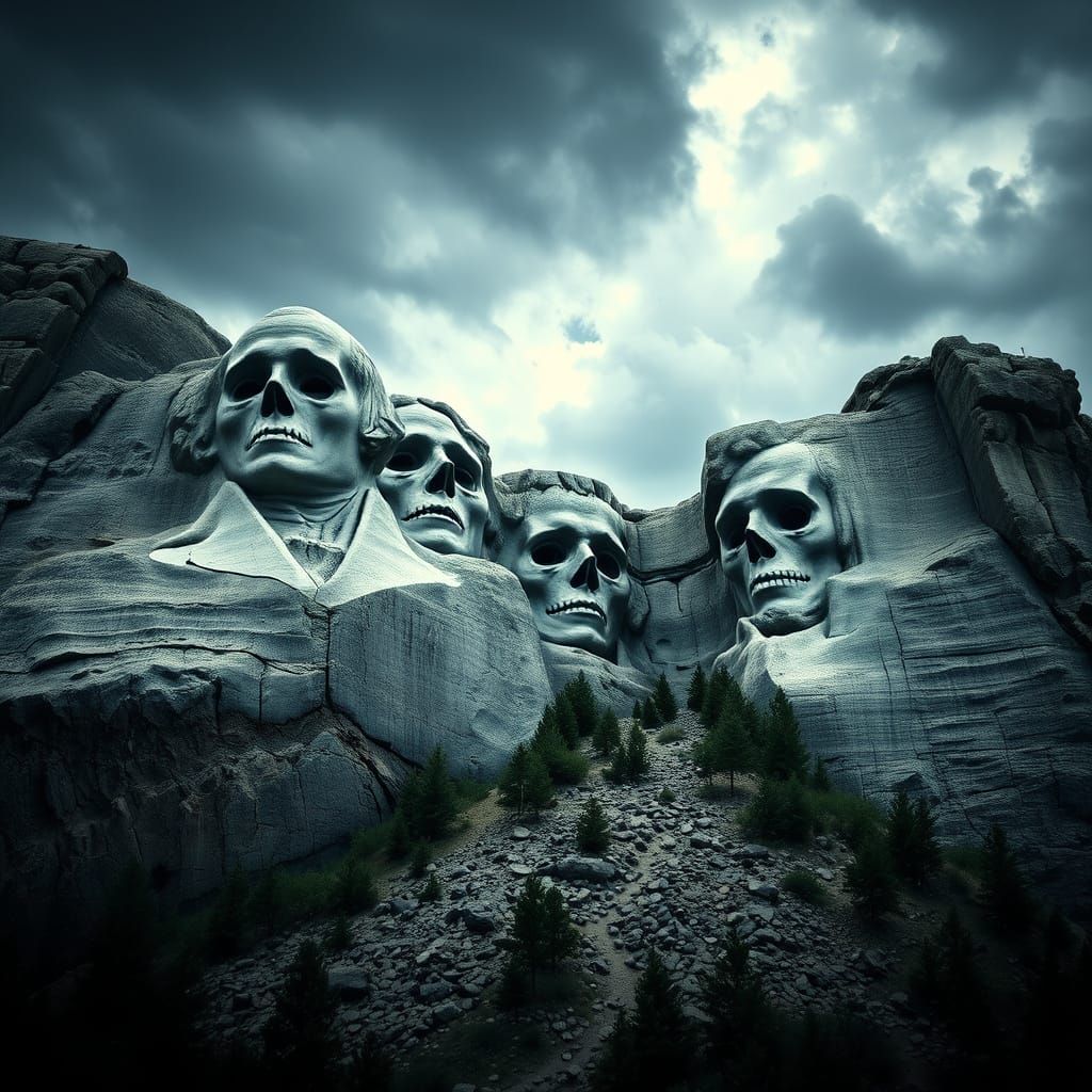 Mount Rushmore with Skulls in Gothic Art Style