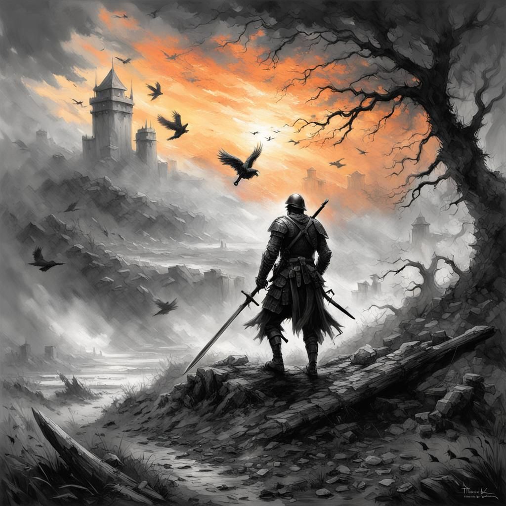 Wounded Soldier Escaping Battle at Sunset