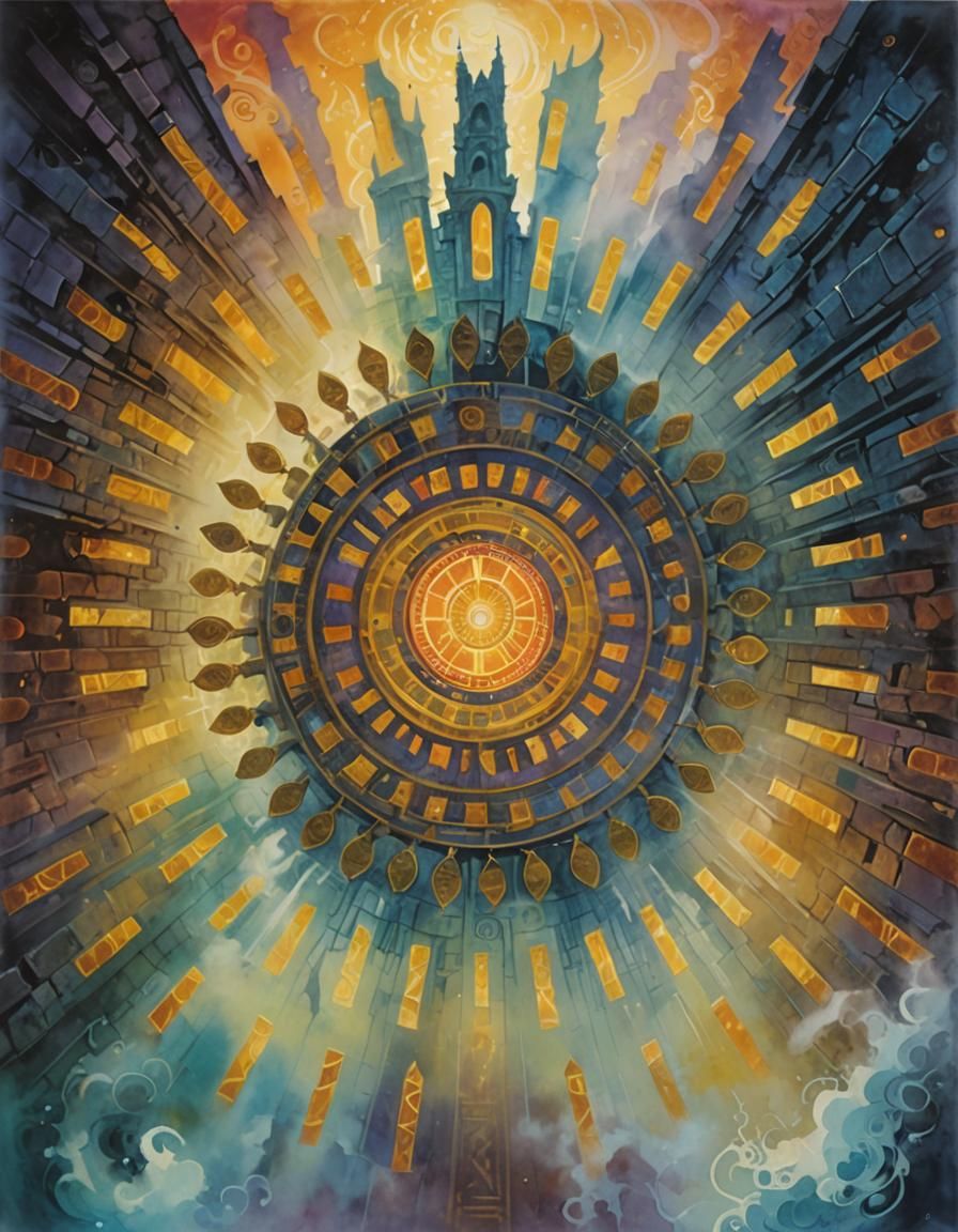 Mystical Sorceress in Ancient Temple: Gouache Painting