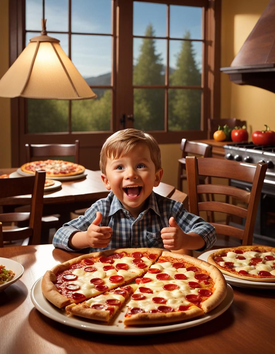 Happy Boy Awaits Pizza Party in Farmhouse