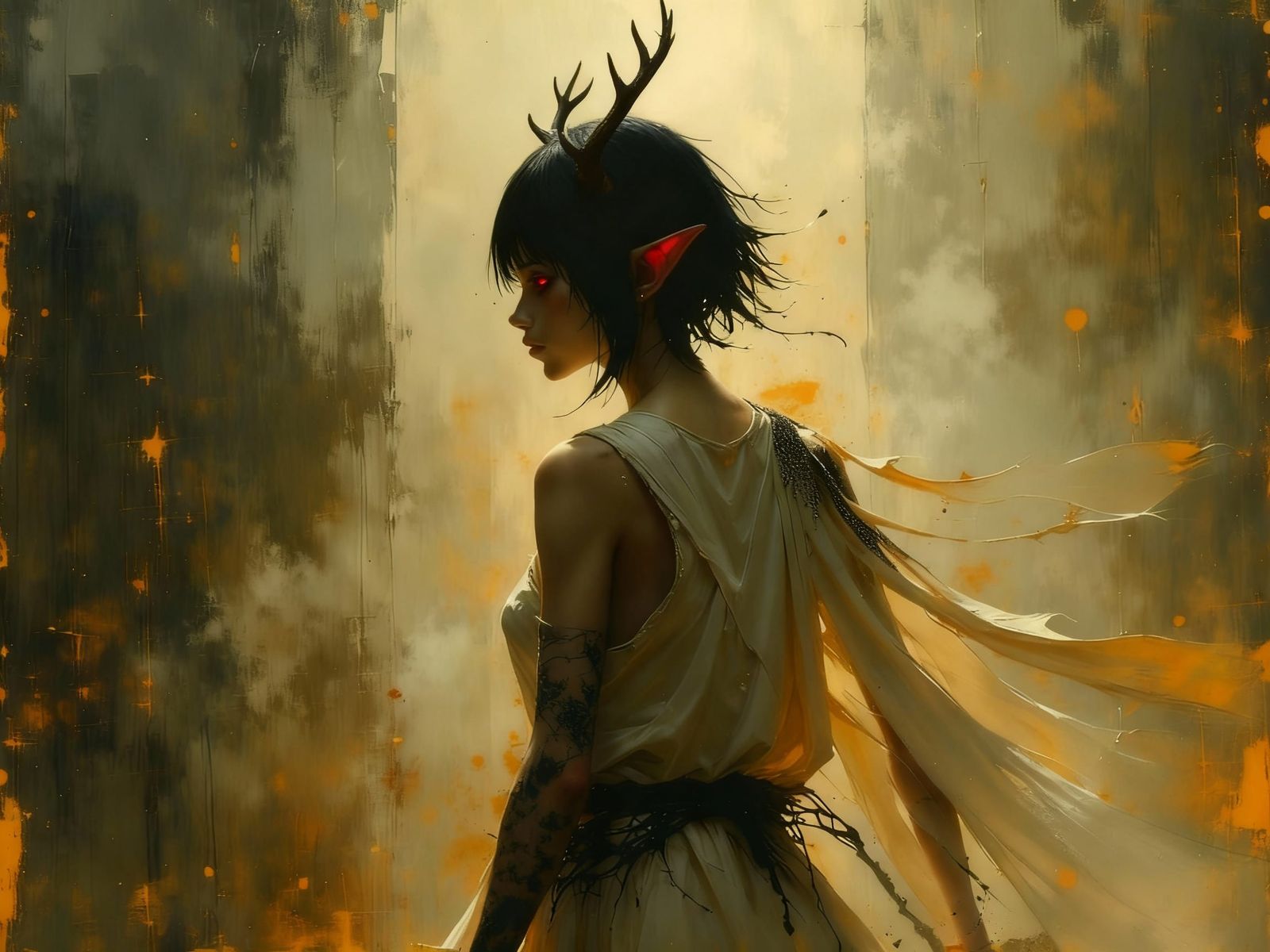 Fantasy Woman Backdoor with Antlers in Oil Paint Style