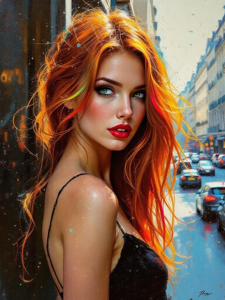 Redhead in Paris: Encaustic Impressionist Urban Scene