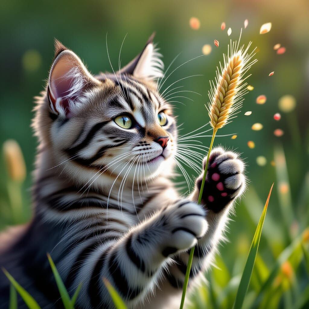 Hyperrealistic Gray Cat Plays with Grass Seed Head