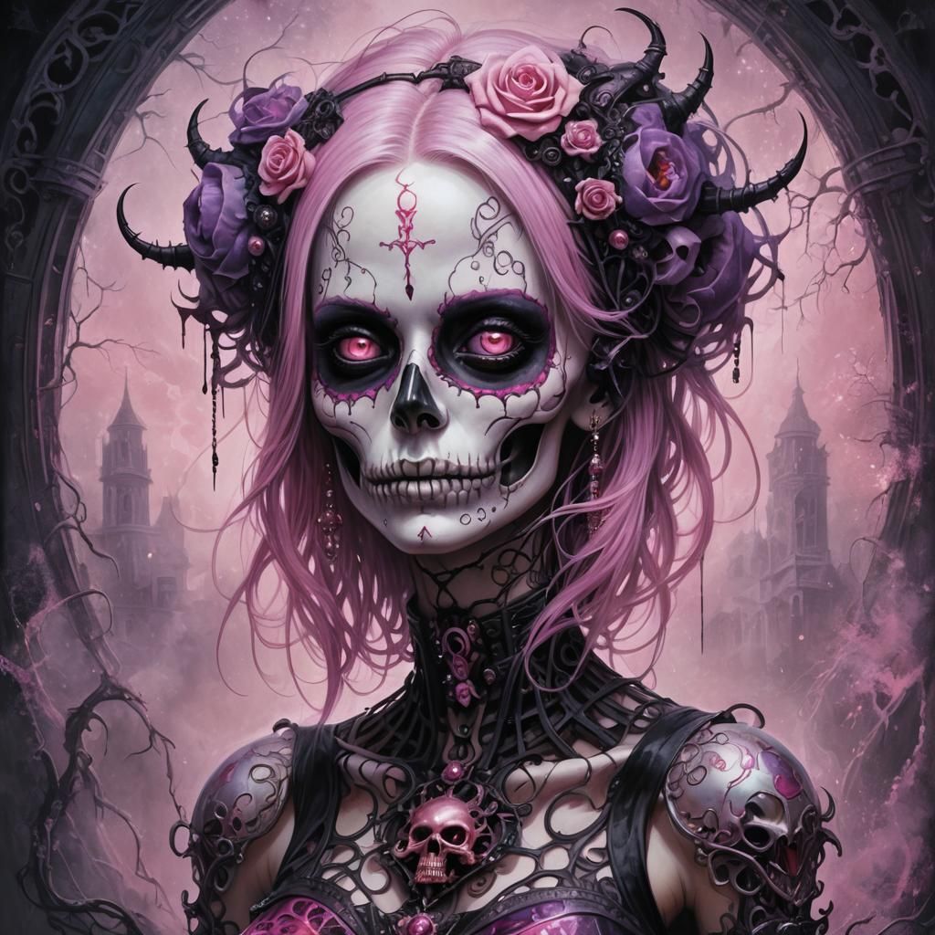 Gothic Punk Girl with Bioluminescent Skull