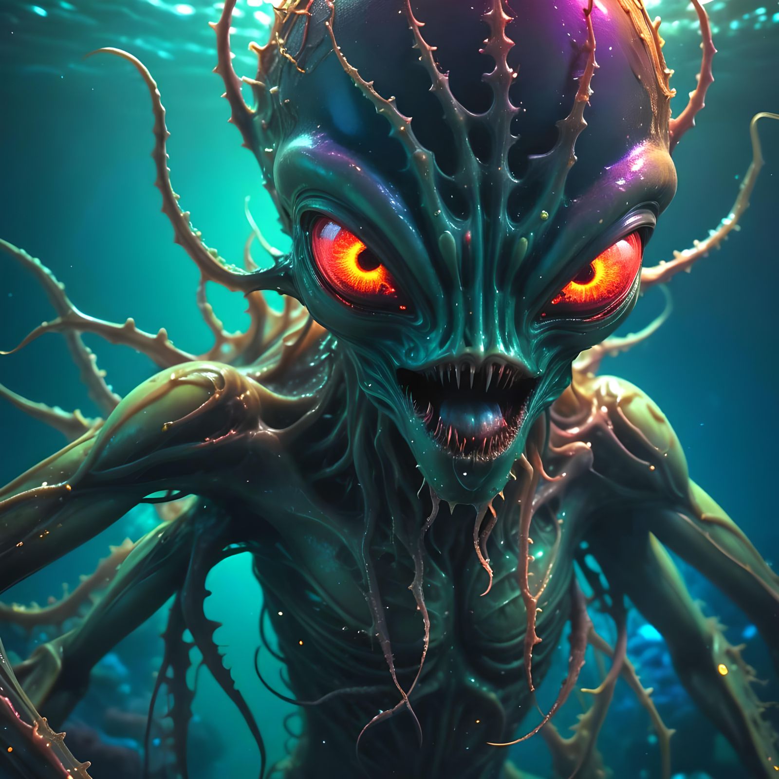 Sinister Neon Alien Gazes From Underwater Abyss