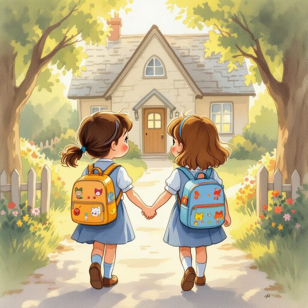 Two Girls in Uniform Walk to School in Storybook Style
