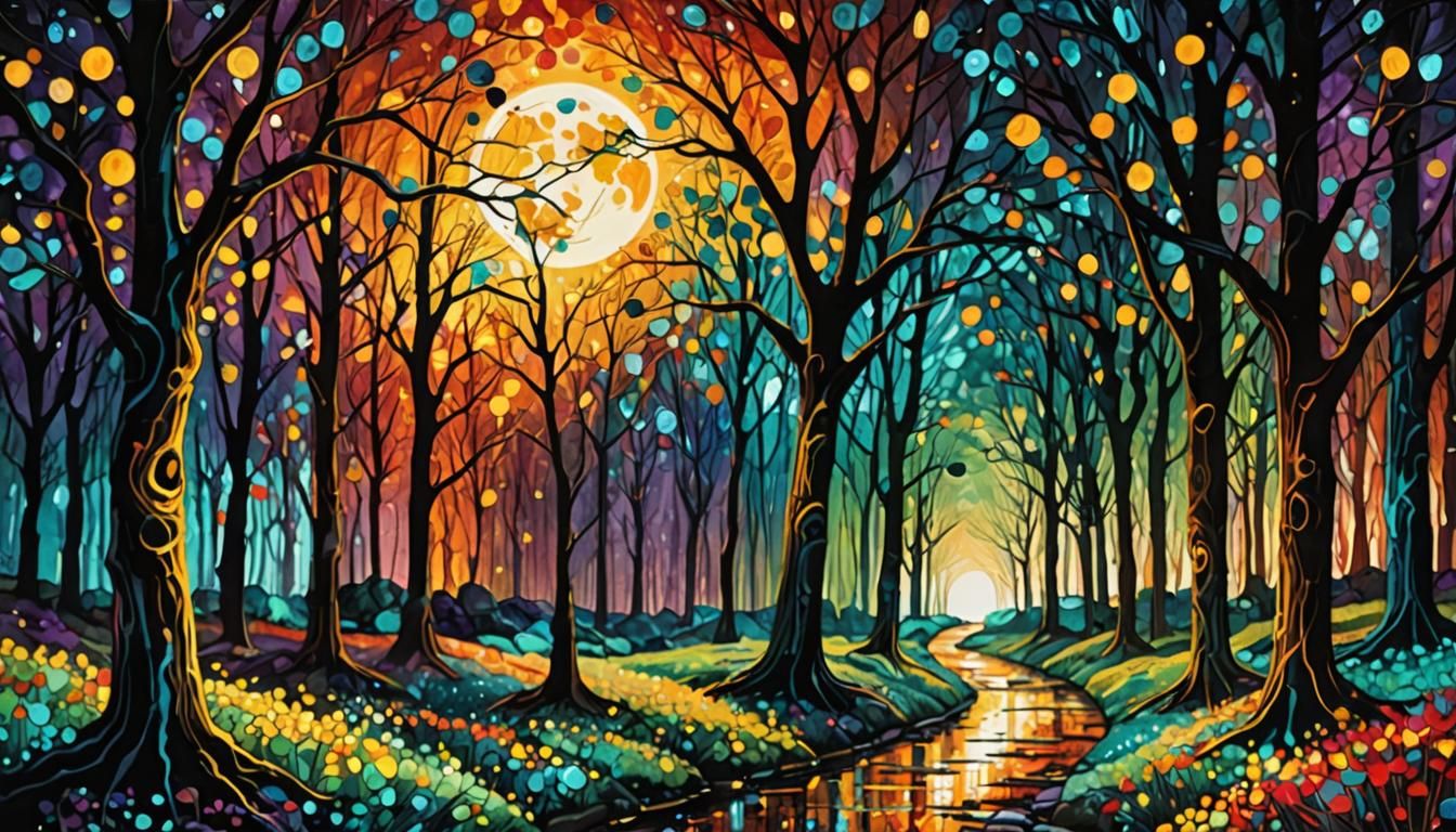 Moonlit Path in Arabesque Forest: Impasto Digital Art