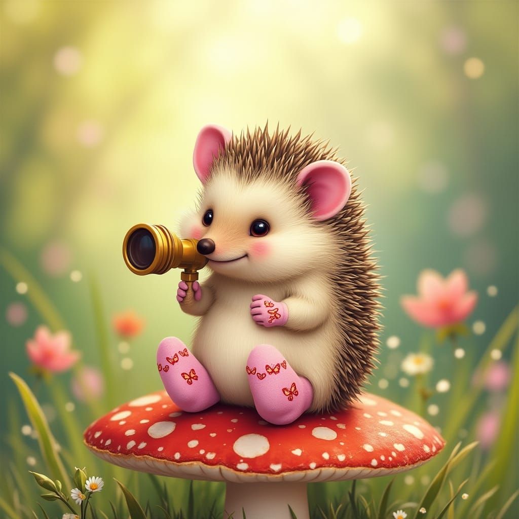 Cute Hedgehog Peers Through Tiny Telescope with Butterfly He...