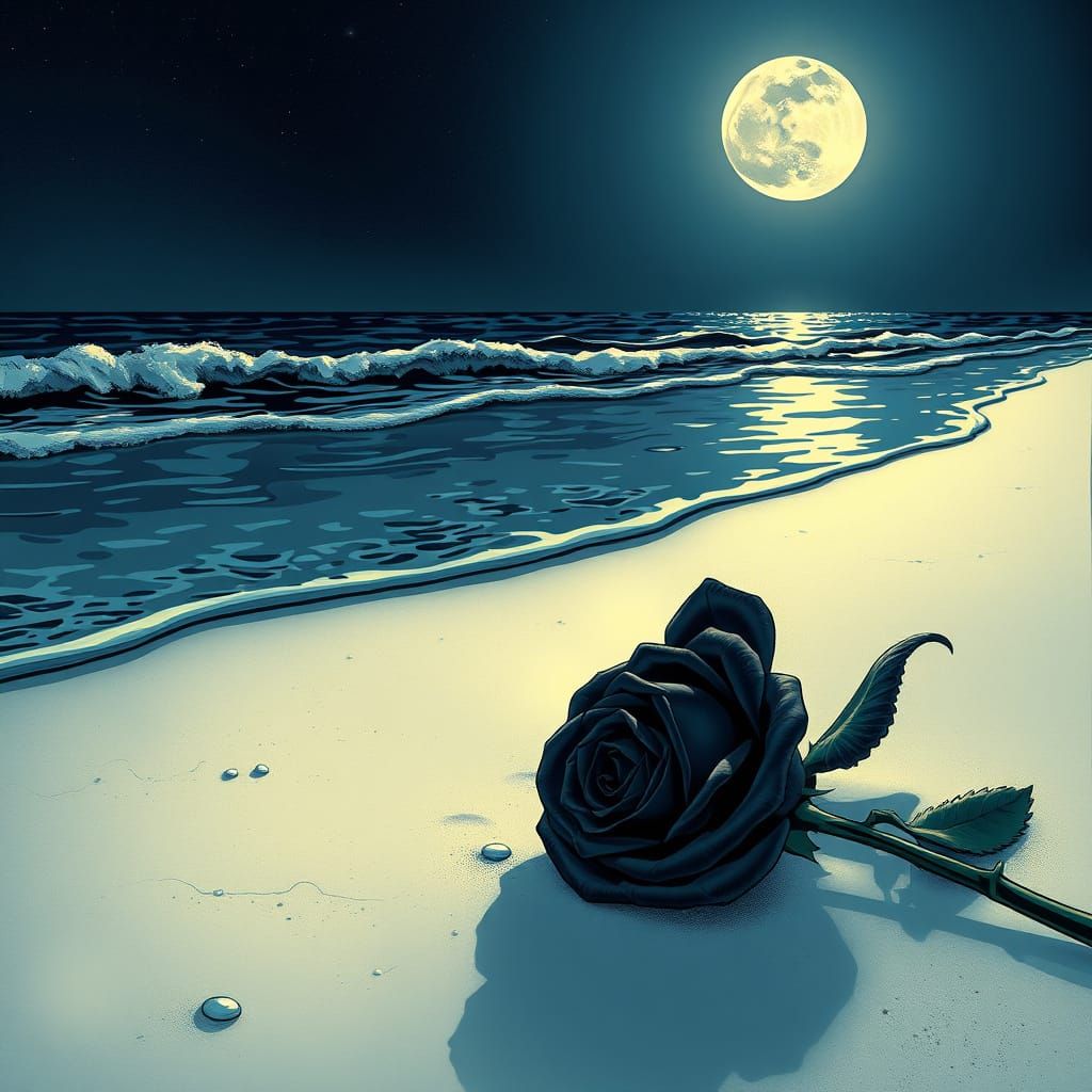 Black Rose on Moonlit Beach in Hyperrealistic Style