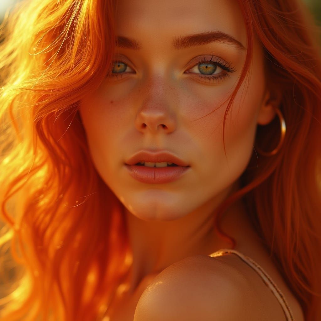 Hyperrealistic Redhead Basking in Fiery Sunlight
