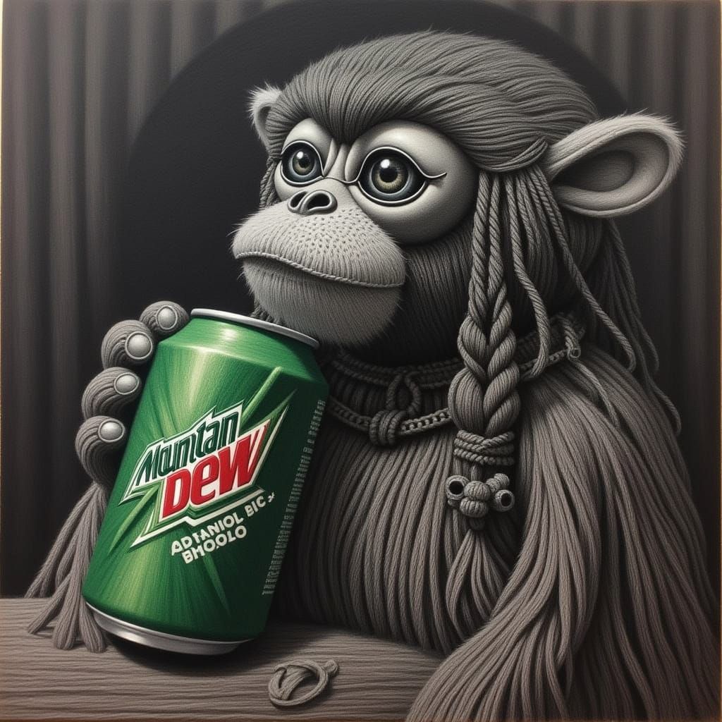 A monkey drinking Mountain Dew. <lora:MACRAME DOLLS:1.0>