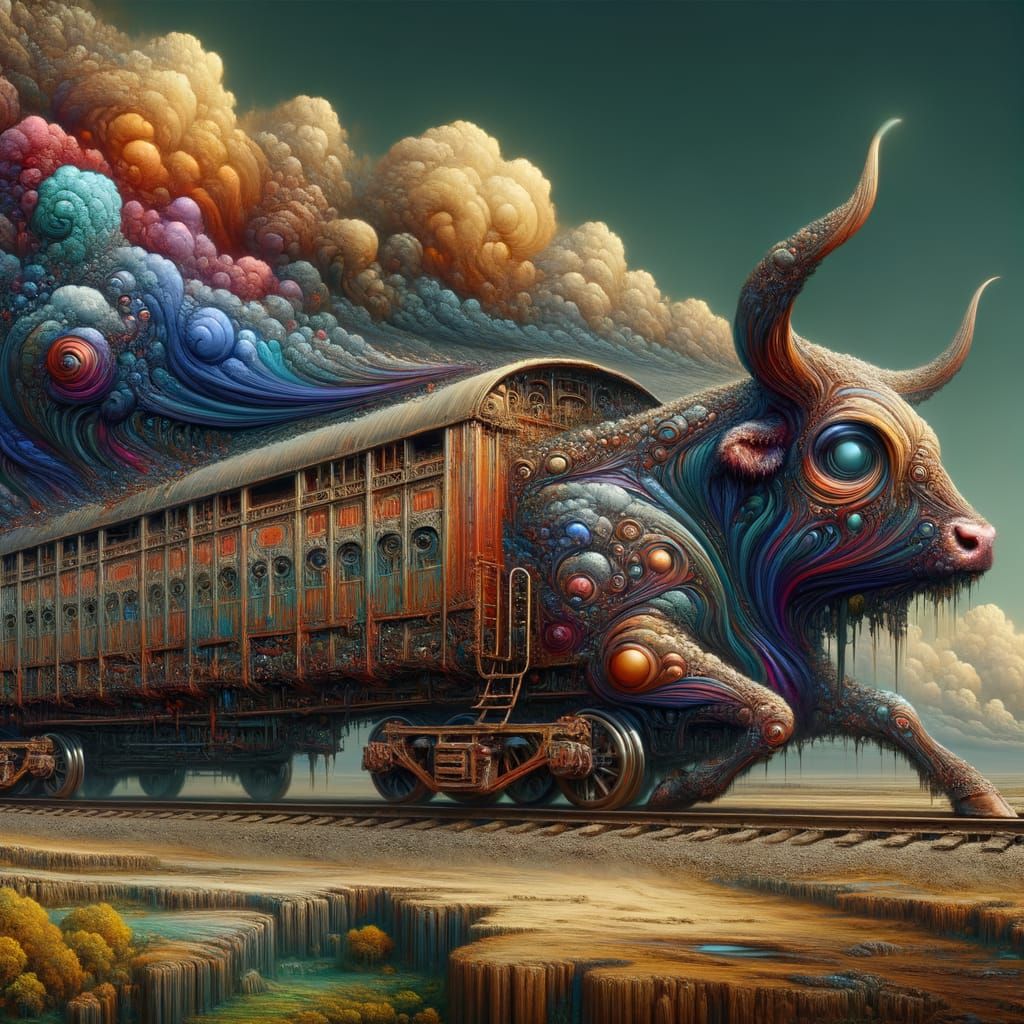 Surrealist Cattle Wagon Train Interior, Comedic Matte Painti...