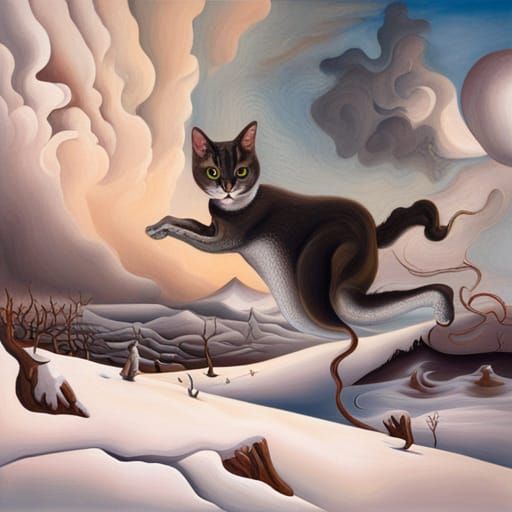 Surreal Flying Cat in Snow, Dali-esque Oil Painting