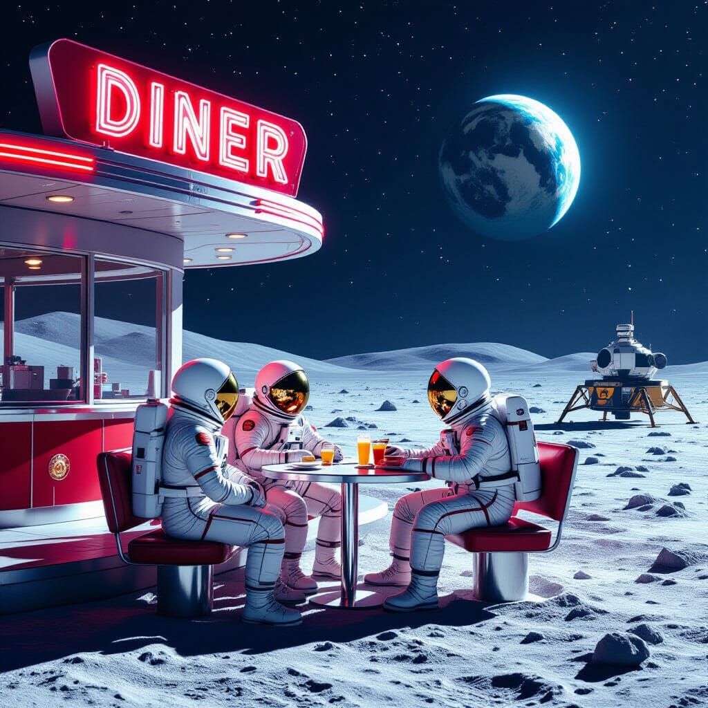 1950s Moon Diner with Earth View, Cinematic Style