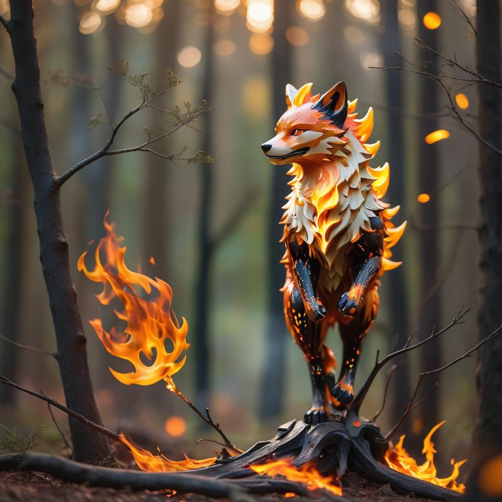 Fiery Firefox Sculpture in Dark Forest