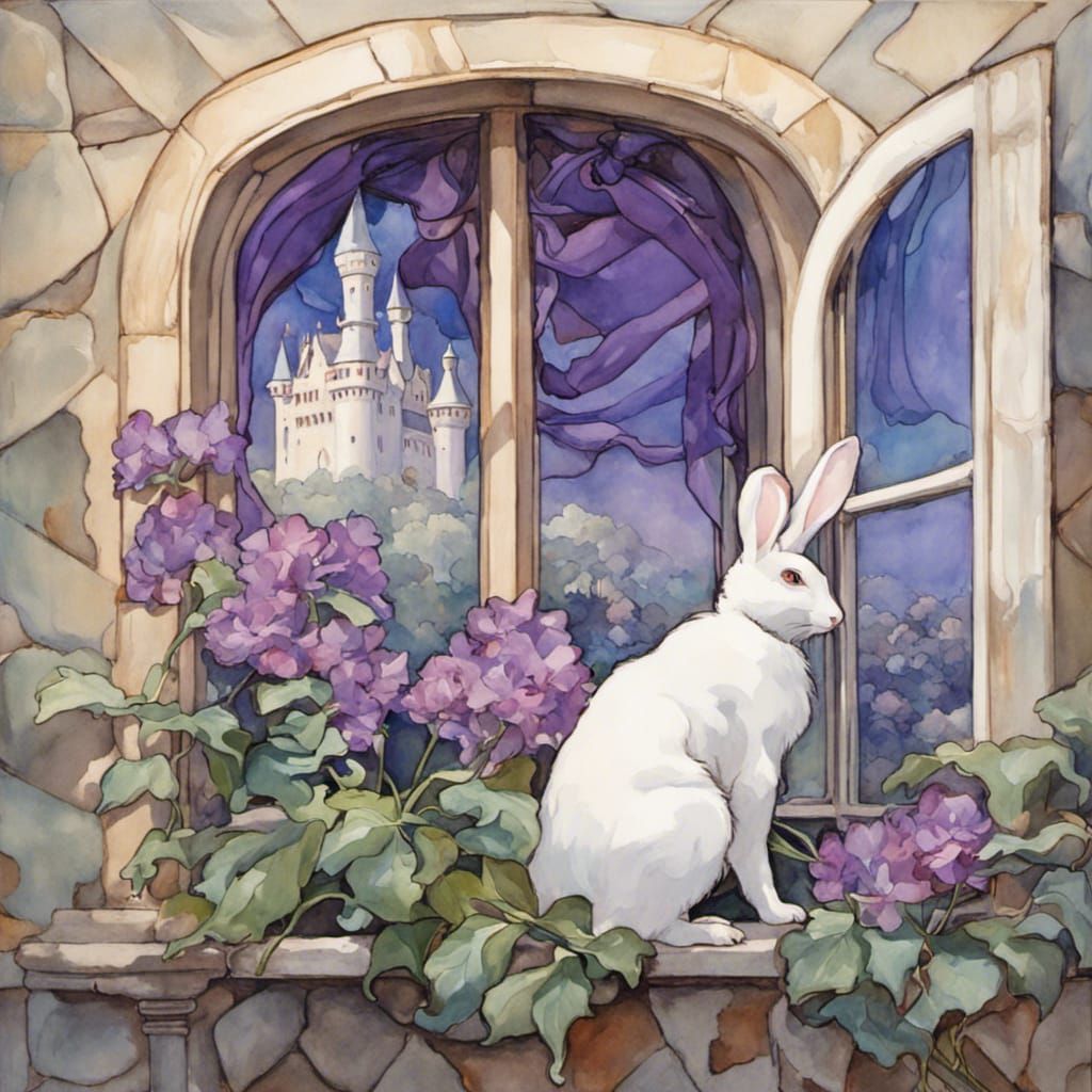 Art Nouveau Castle View with Rabbit in Gouache