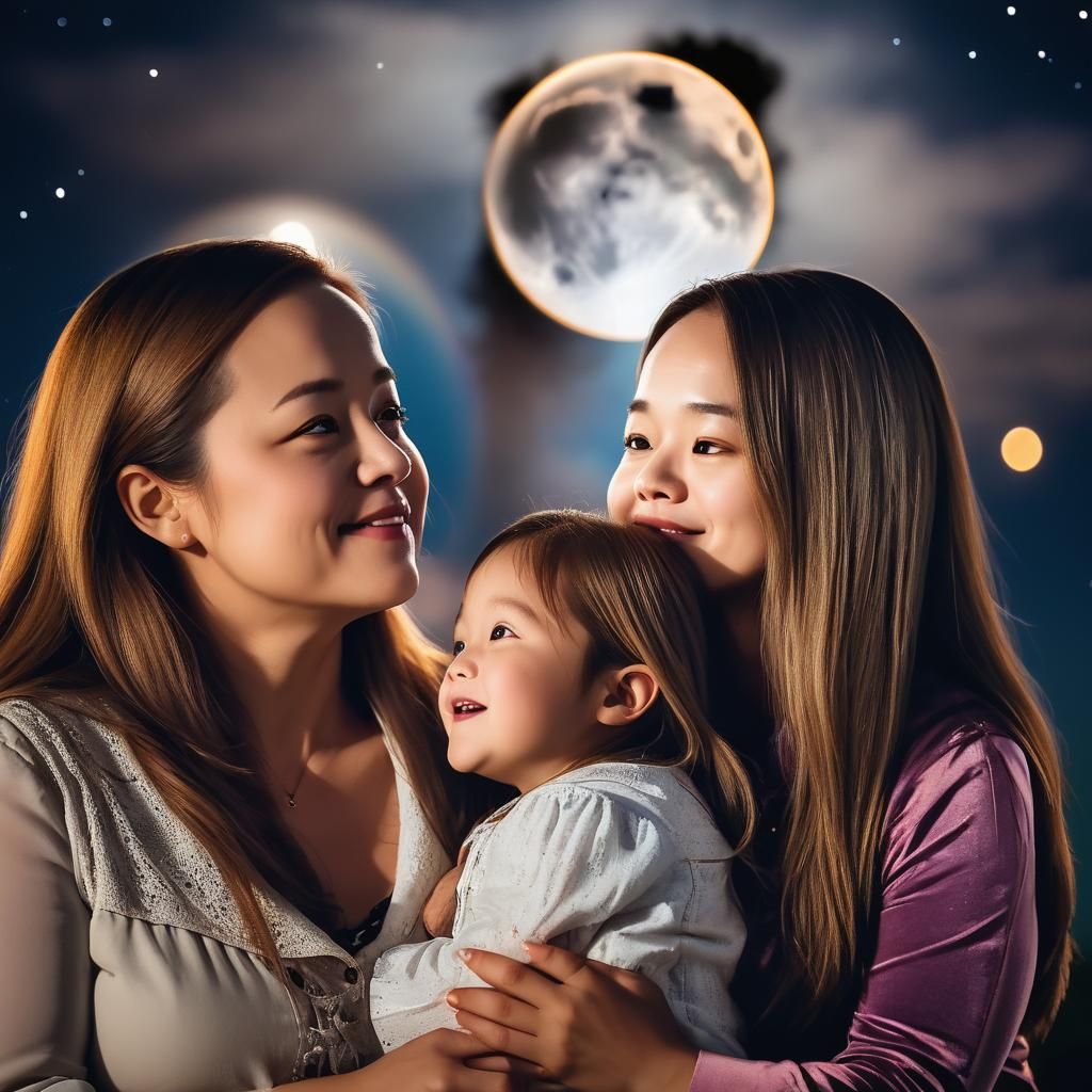 Mother and Daughter Share Moonlit Moment in Realistic Photo