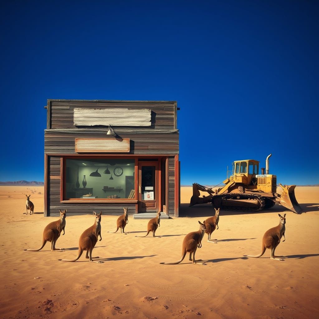 Surrealist Desert Landscape with Melting Storefront and Kang...
