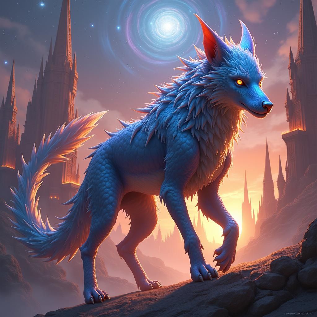 Galactic Dragon-Wolf Hybrid in a Fiery Kingdom