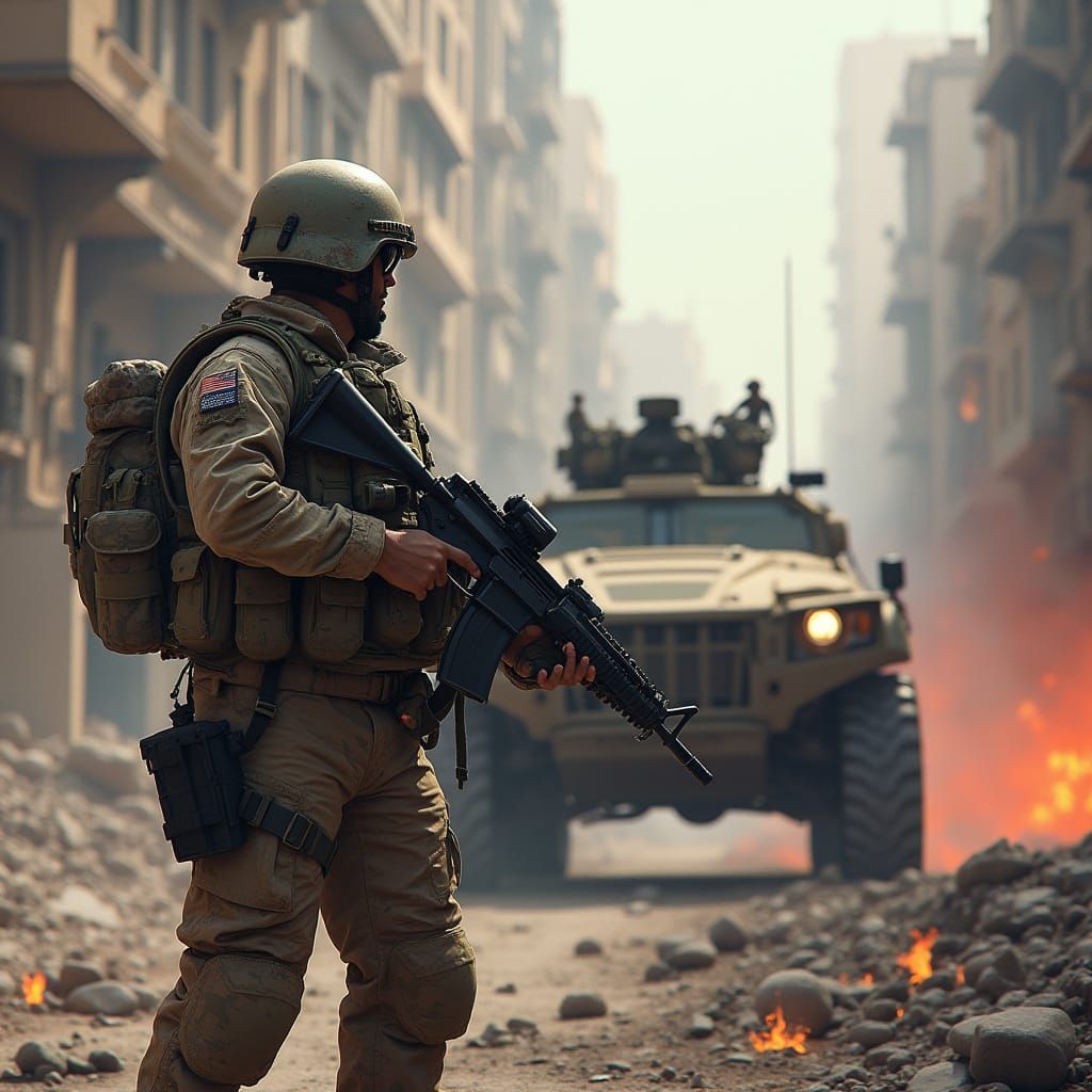 Marine Gunner in War-Torn City, Detailed Matte Painting