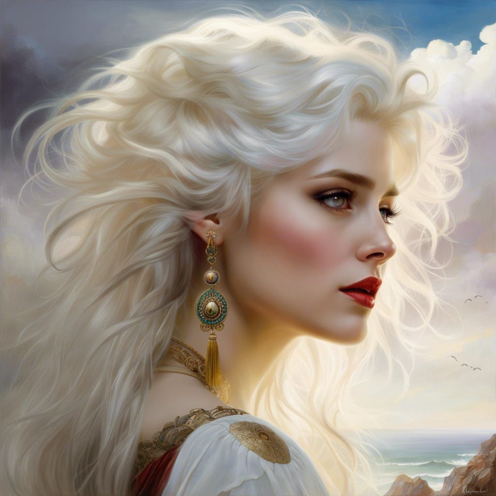 Gorgeous Girl Portrait with Cloud Hair, Hyperrealistic Style
