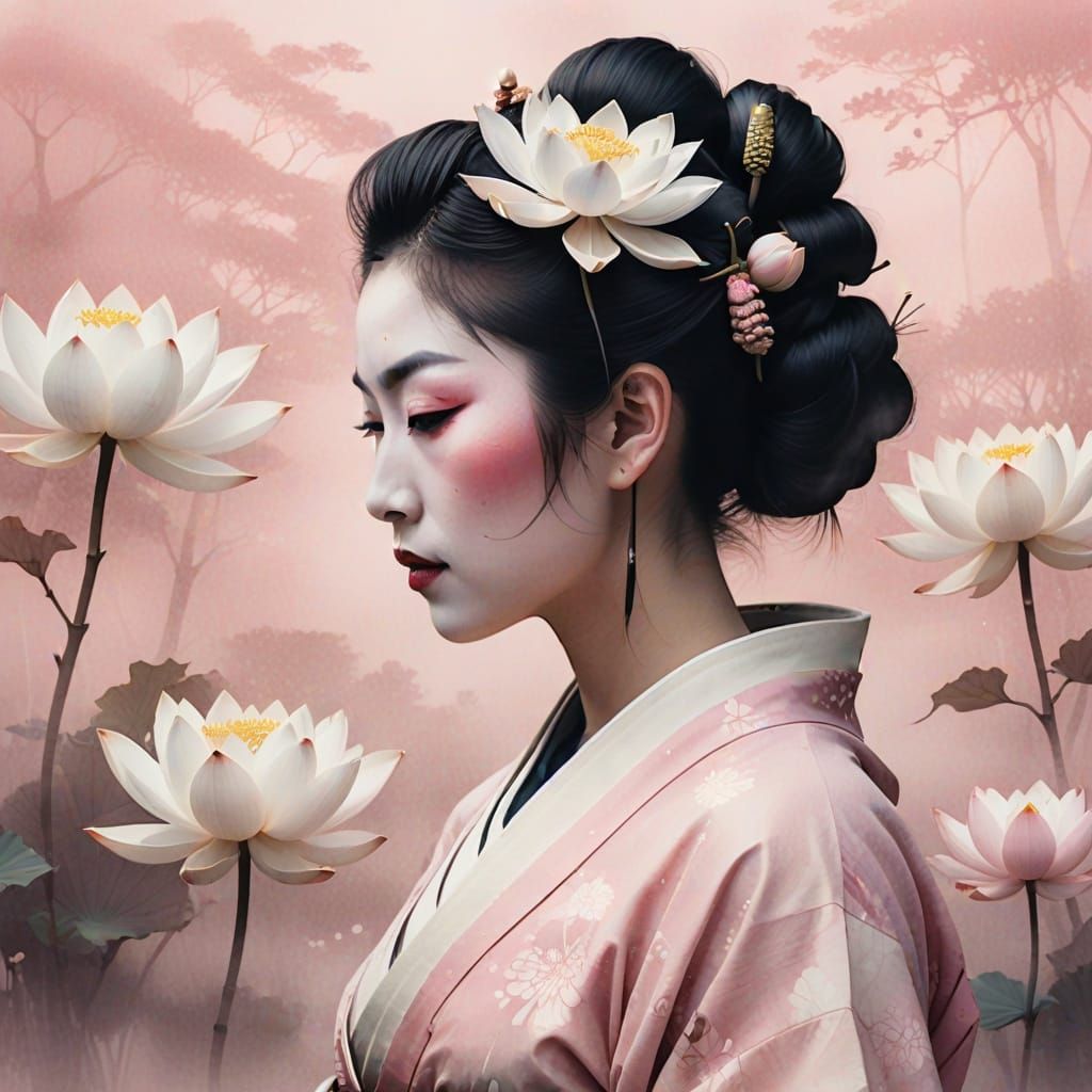 Ethereal Geisha Silhouette with Lotus Flowers in Watercolour