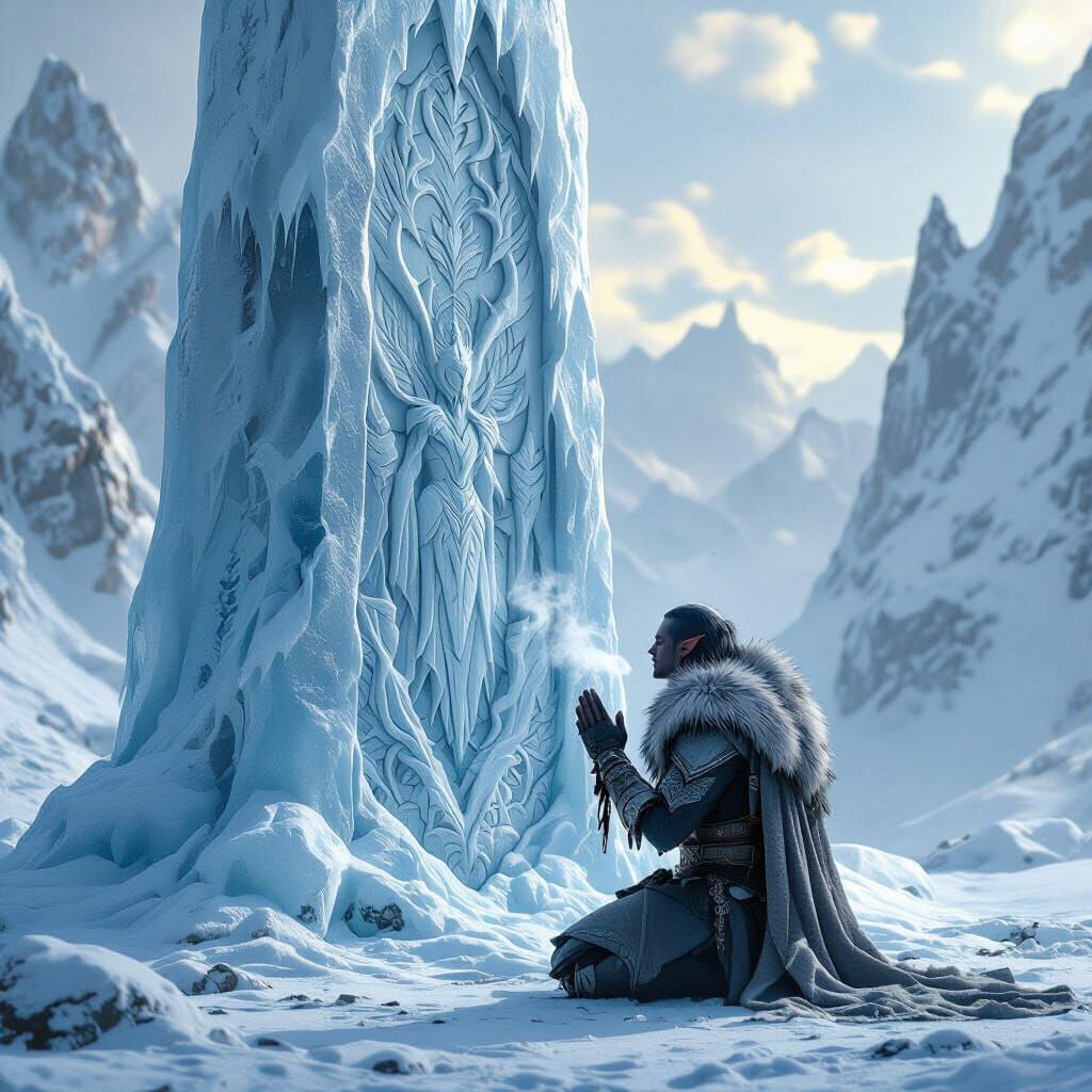 Frost Elf Kneeling Before Ice Monolith: Detailed Matte Paint...