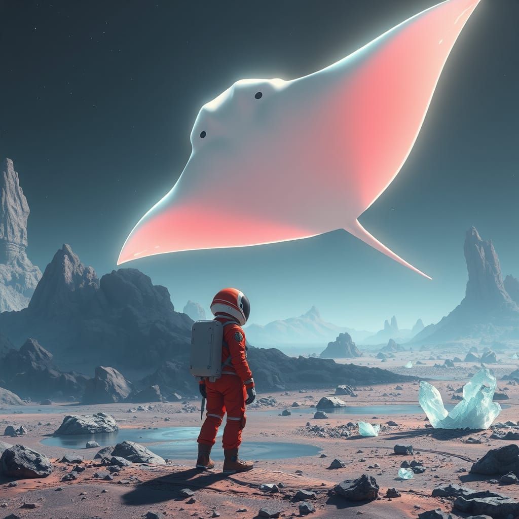 Astronaut Gazes Up at Glowing Manta Ray in Crimson Desert La...