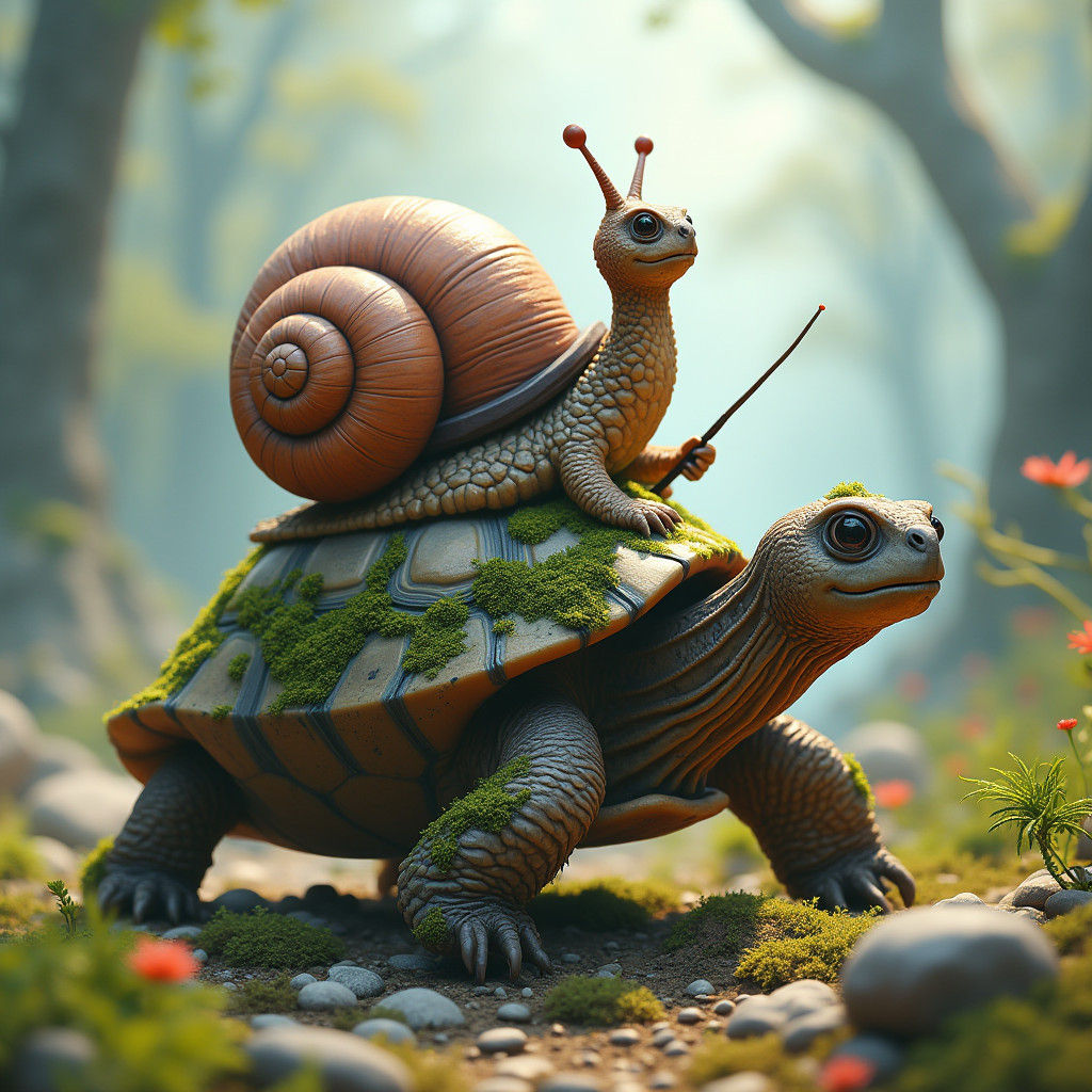 Tortoise and Snail Journey Through Dreamlike Landscape
