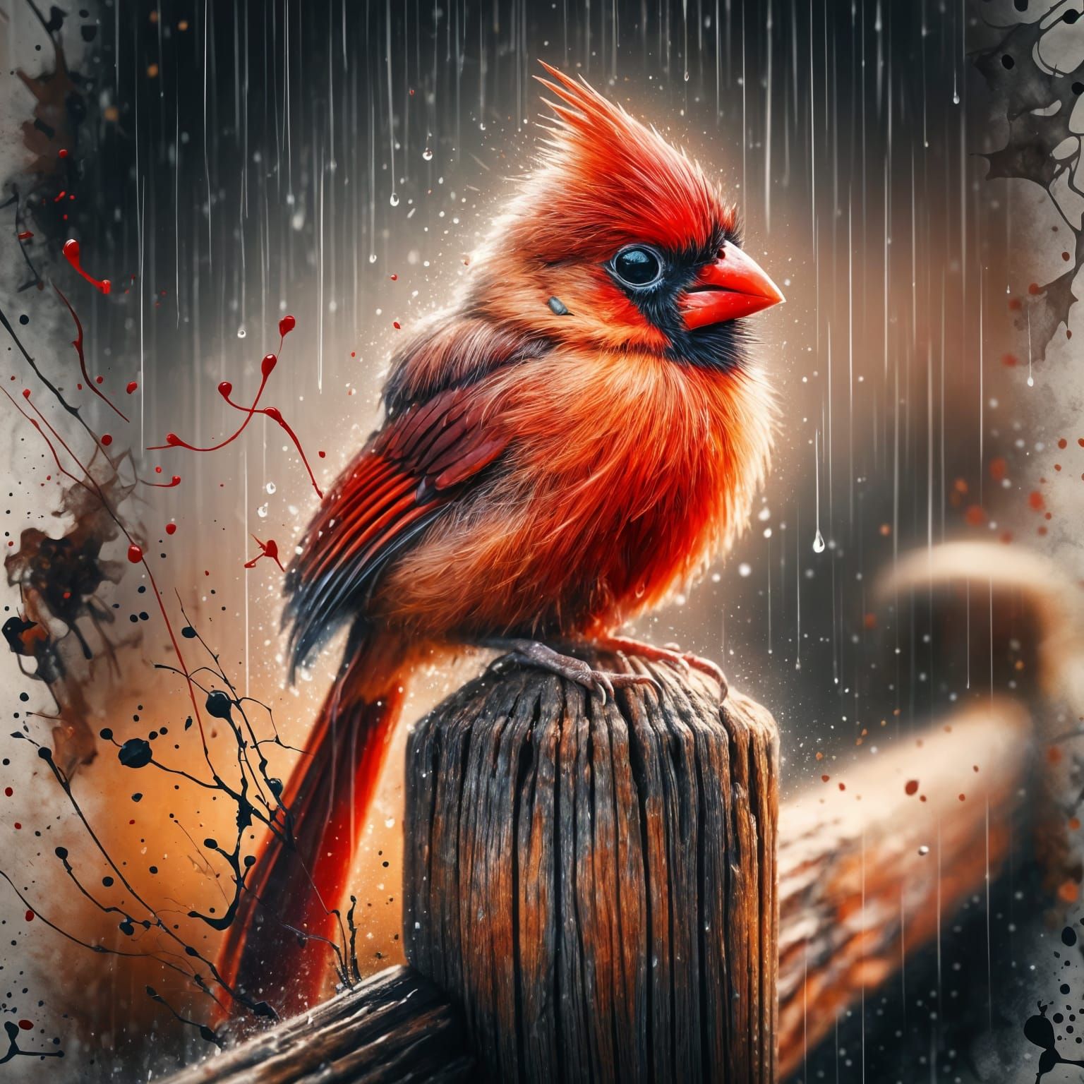 Vibrant Cardinal Perched on a Rustic Fence Post in the Rain