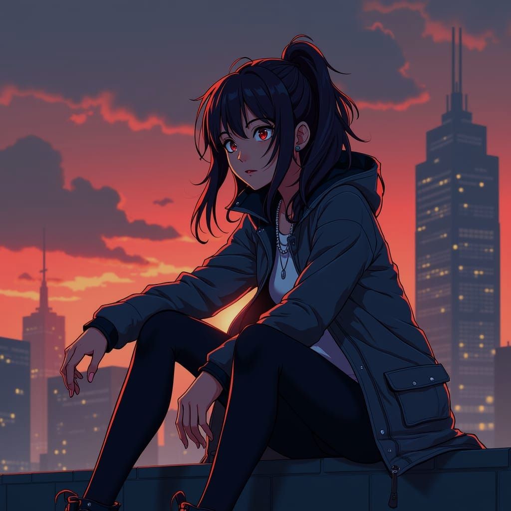 Anime Spy Girl Contemplating Sunset in Cel-Shaded Style