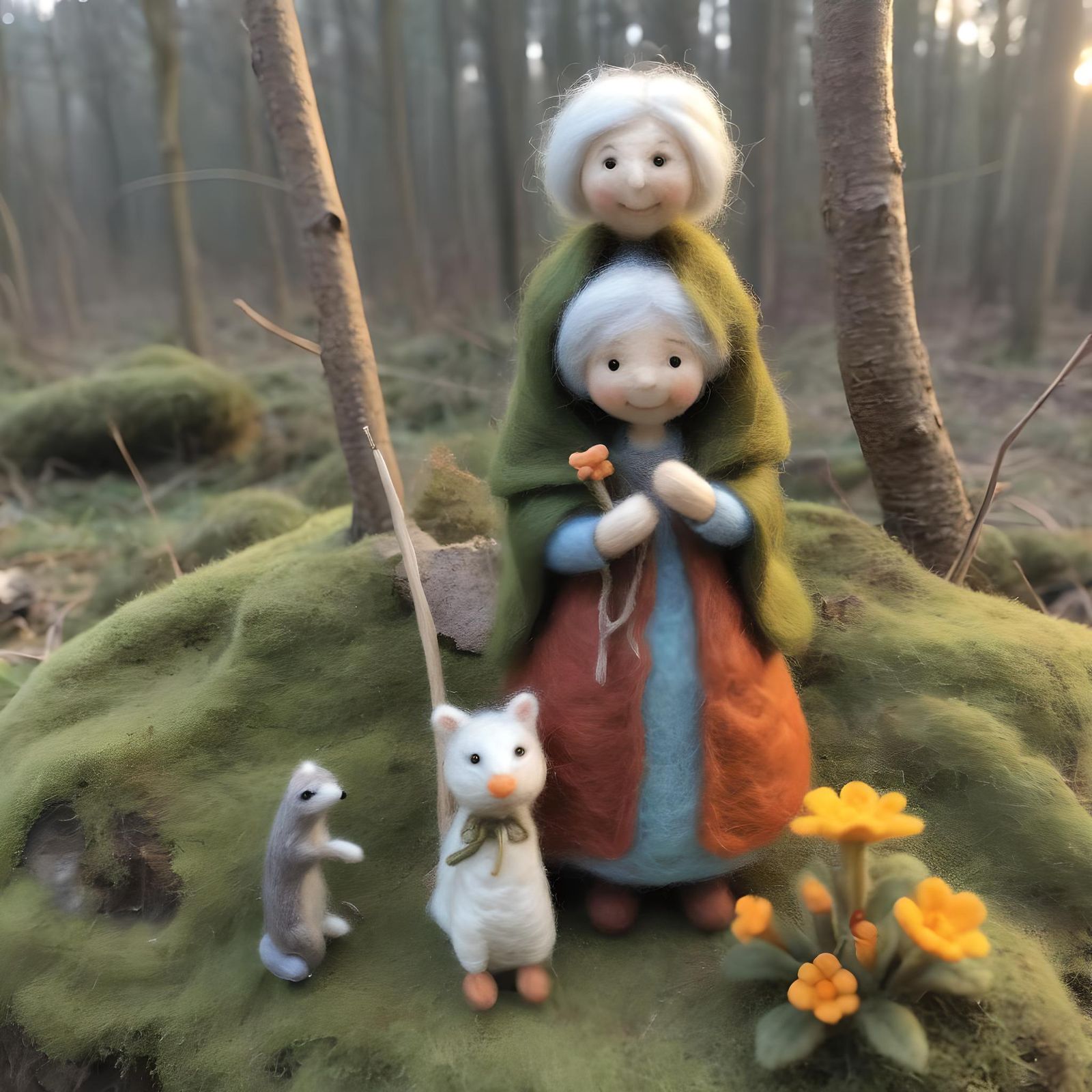 Felted Old Lady in Sunrise Woodland Setting