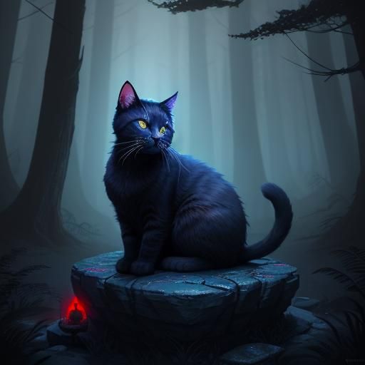 Mystical Forest Kitty on Pedestal: Digital Matte Painting