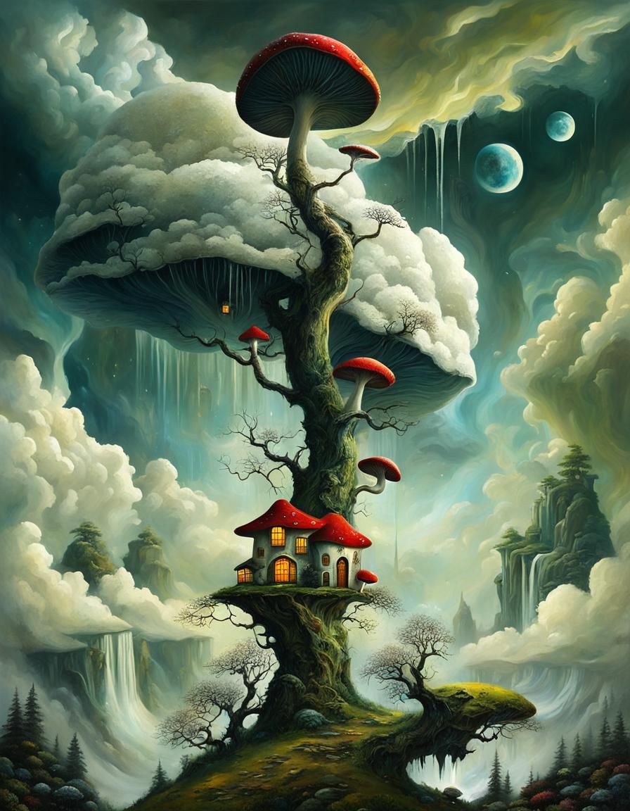 Surreal Mushroom Stargate with Bonsai Cottages