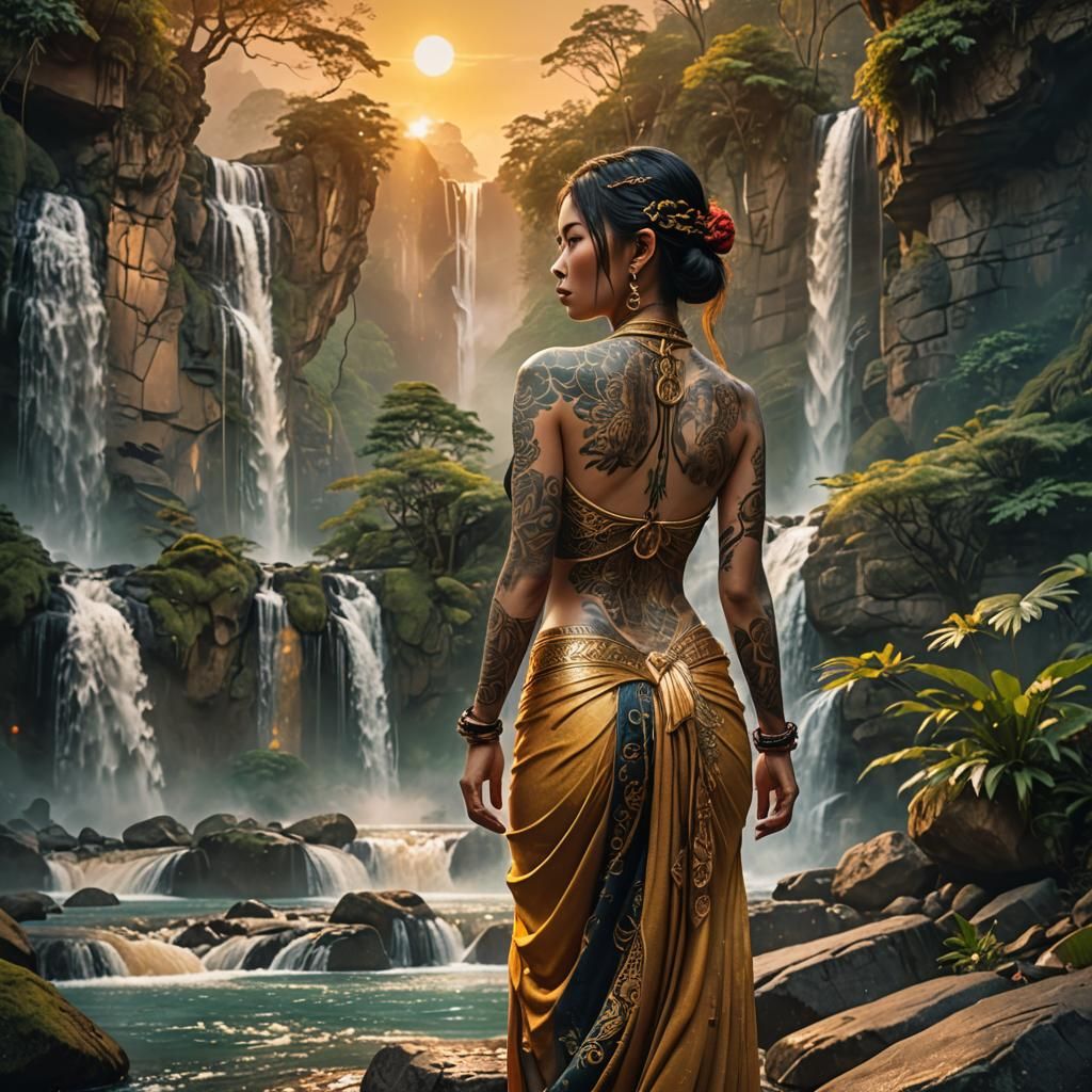 Asian Woman with Tattoos by Waterfall in Fantasy Art