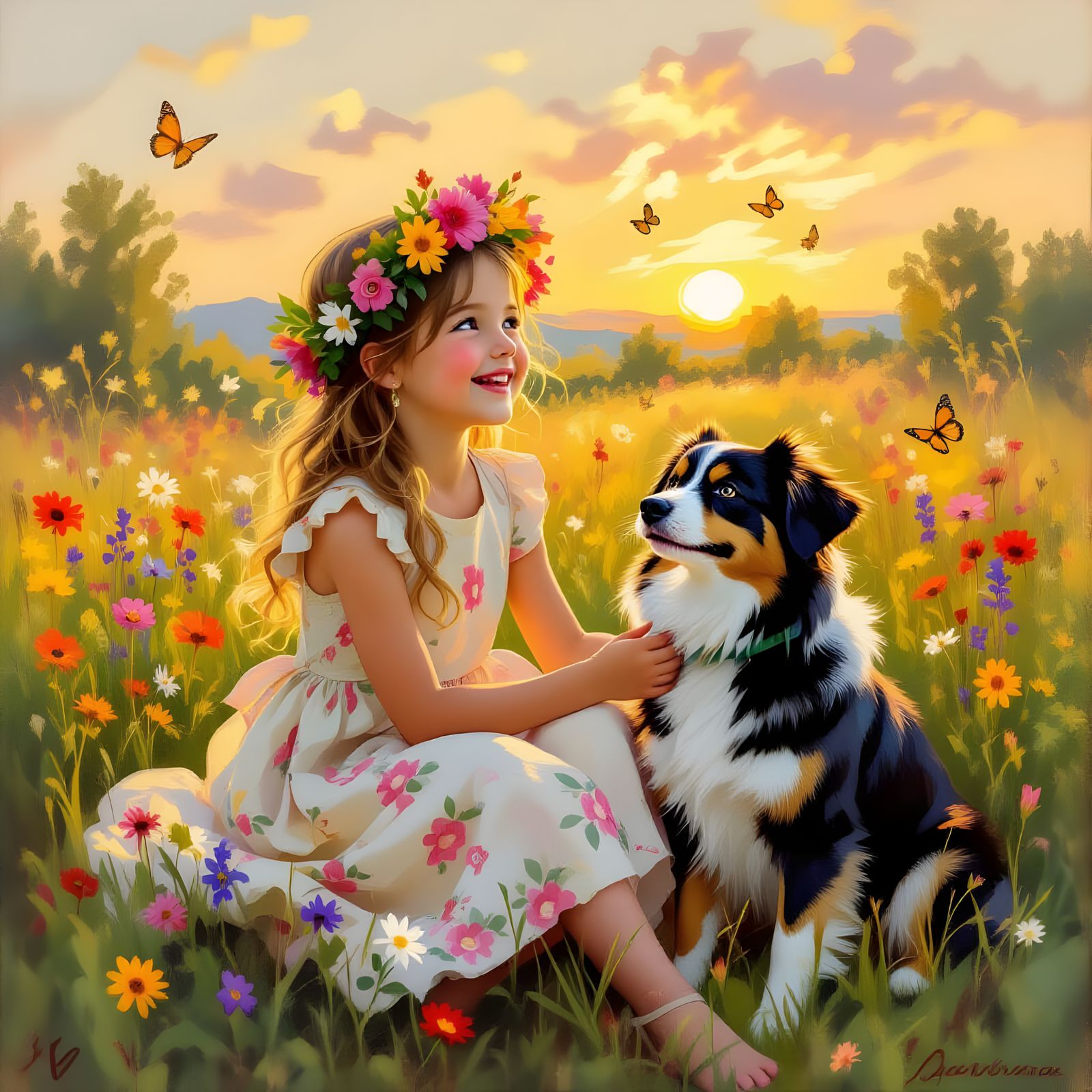 Child and Dog in Wildflower Meadow at Sunset