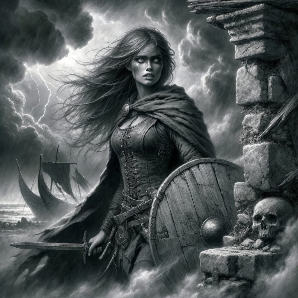 Norse Goddess Exploring Ruined Castle in Gloomy Romanticism ...