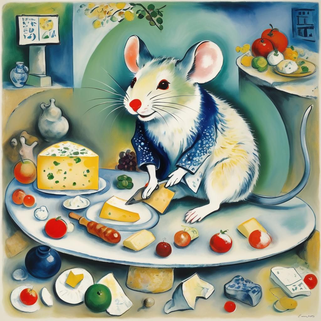 Mouse Cheese Taster in Chagall and Onchi Style