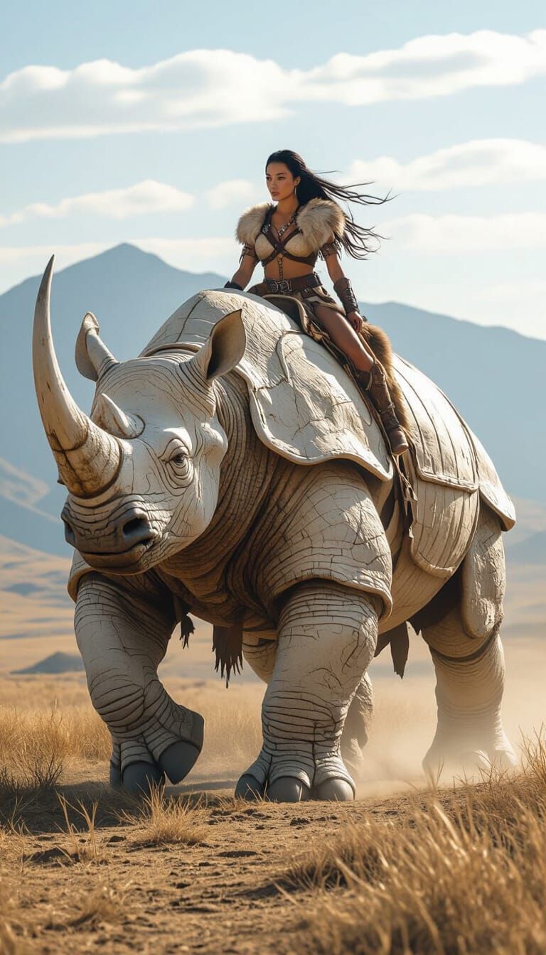 Mythical Armored Beetle Rider on Windswept Plateau