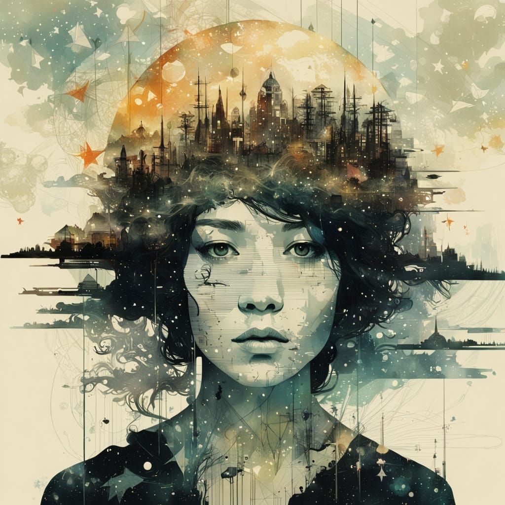 Galaxy Merging with World, Double Exposure Art