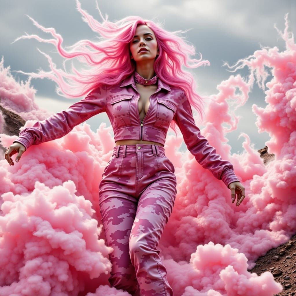 Hyper-Realistic Pink Camouflage Art in Swirling Nebula