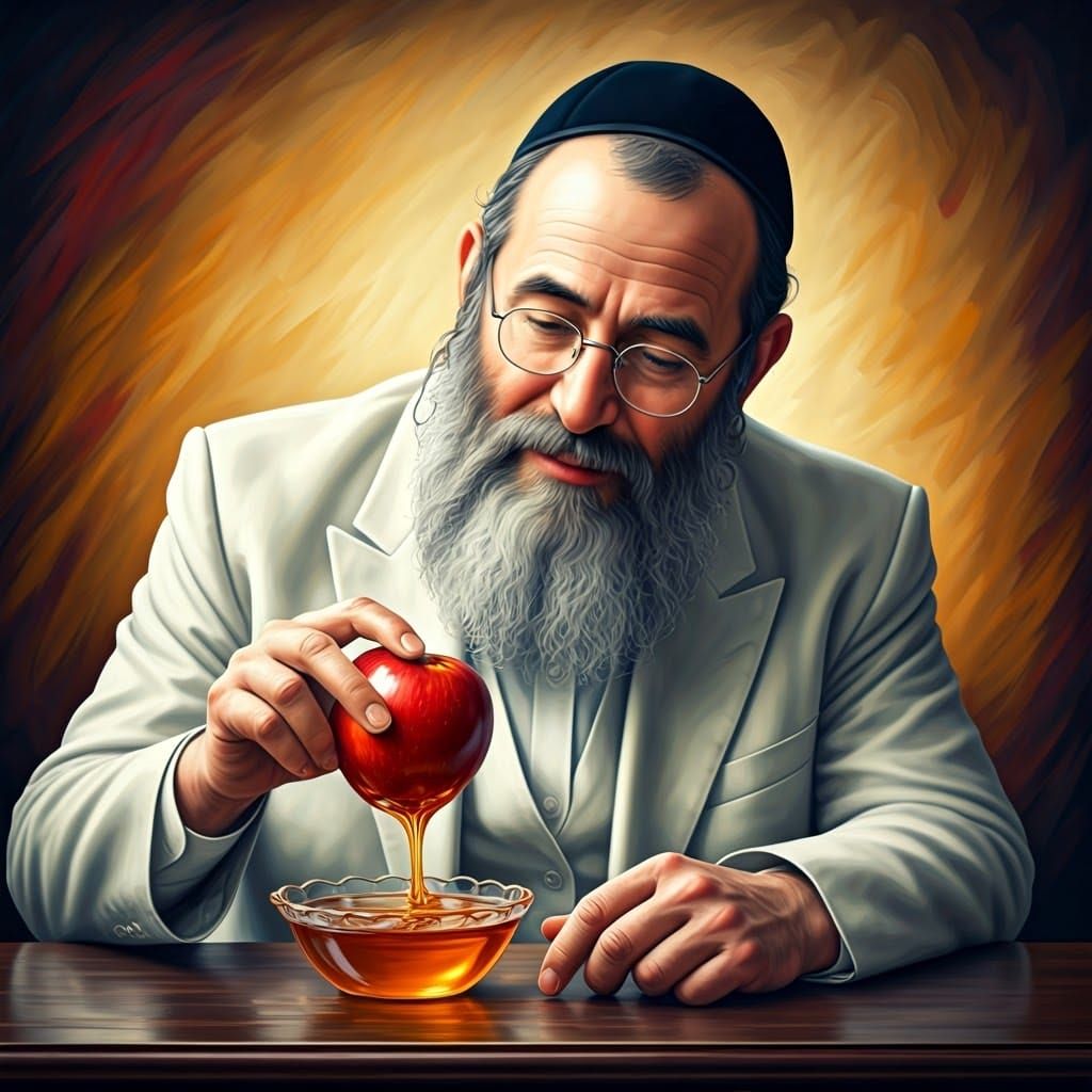 Orthodox Jew Dipping Apple in Honey, Abstract Style