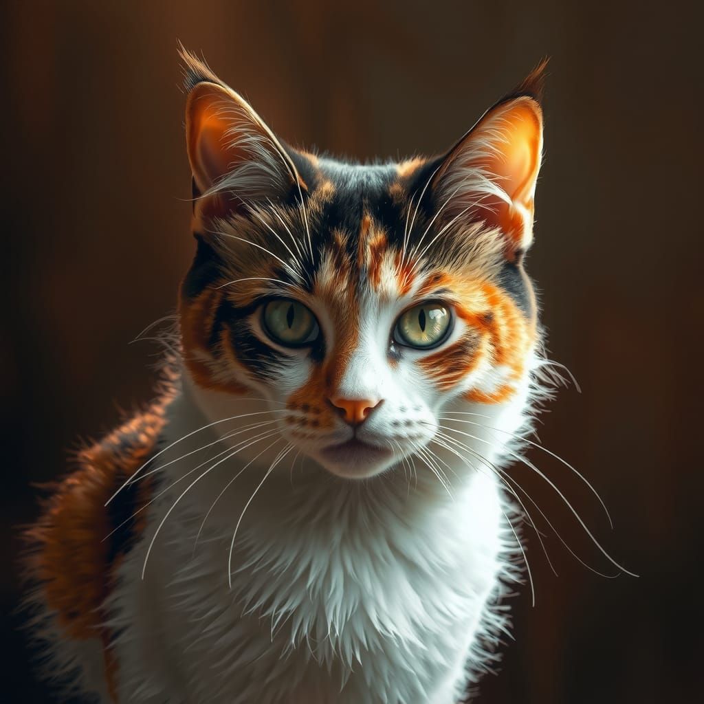 Calico Cat Portrait in Cinematic Digital Painting Style