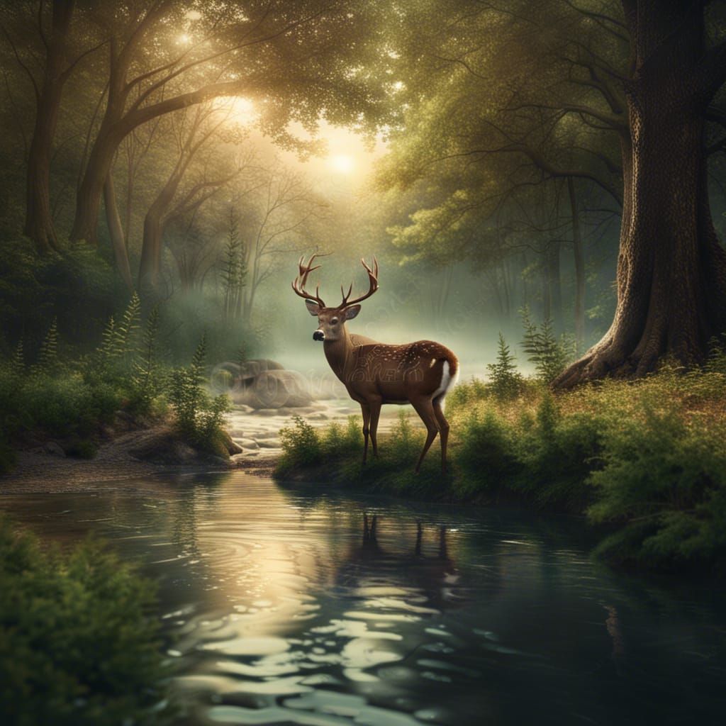 Deer Drinking in Forest: Digital Matte Painting