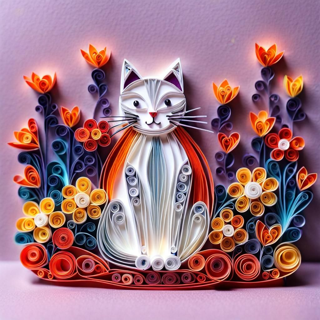 Cute Cat in Paper Quilling Style