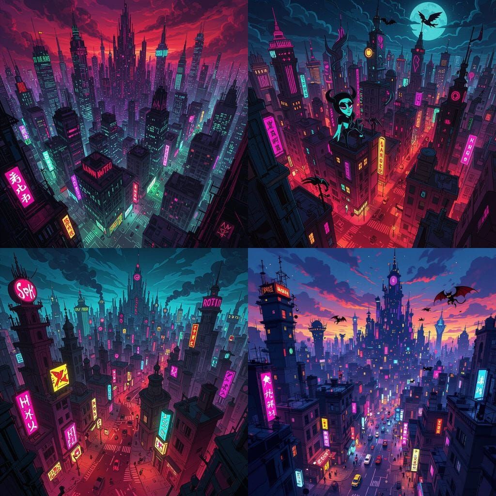 Hell City Aerial View in Hazbin Hotel Style